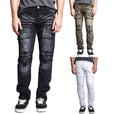 Victorious Men's Faded Zipper Cut Cargo Pocket Distressed Biker Jeans DL1058 • $29.95
