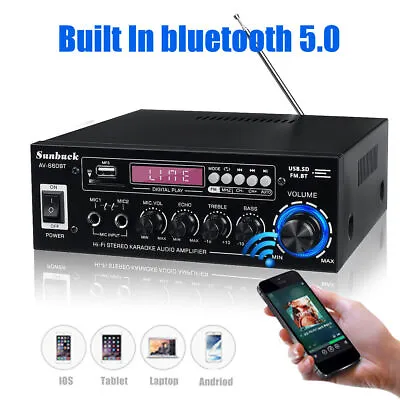 2000W HiFi Bluetooth 5.0 Power Amplifier 2CH USB Home Stereo Audio FM Radio Amp • $52.99
