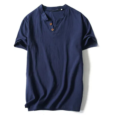 $9.83 • Buy Retro Men Casual Cotton Linen Short Sleeve V-Neck T-shirt Tops Blouse Tee New