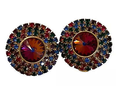 Vintage Austrian Crystal Clip On Earrings Multi Color Large 1.75  Gold Tone • $19.95