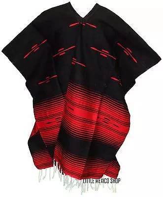 TRIBAL SERAPE Mexican PONCHO - Black Red - ONE SIZE FITS ALL Blanket Gaban • $49.99