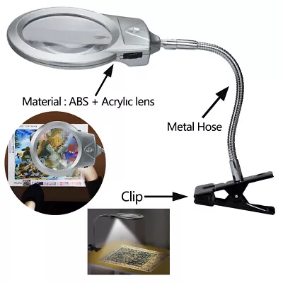 LED Large Lens Desk Lamp Reading Lamp Metal Hose Magnifying Glass Belt Clip Gift • $14.97