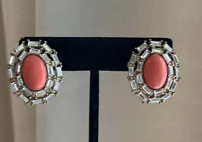 J Crew Coral Oval Cabochon Stone Clear Crystal Baguette Gold Stud Earrings • $19.99