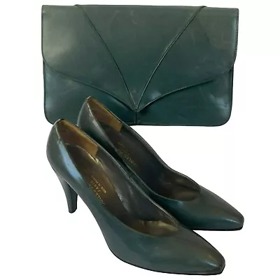 Vintage Charles Jourdan Heels Size 9 Leather Dark Green W/Matching Purse Paris • $37.49