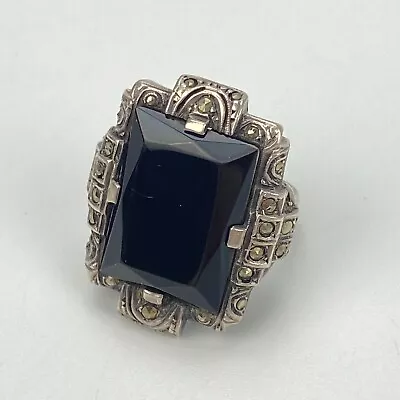 Vintage Art Deco Sterling Silver Germany Onyx & Marcasite Cocktail Ring Sz 4.5 • $124.99