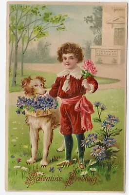 Valentine Vintage Postcard Victorian Boy Child Dog Flowers Roses Violets BW 311 • $8.99