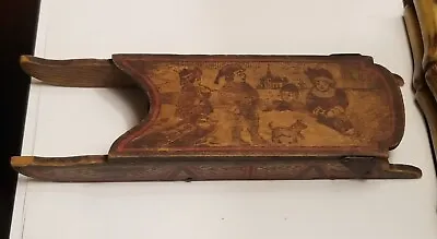 Antique CHRISTMAS WOOD SLED CANDY CONTAINER CHILDREN PLAYING IN SNOW  • $180