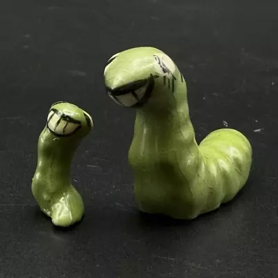 Vintage Miniature GRINNING GREEN CATERPILLAR Worm Family Mother Baby Figurine • $16.95