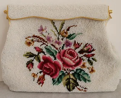 Vintage Beaded Evening Bag With Beautiful Vibrant Flowers Handmade  • $33.95