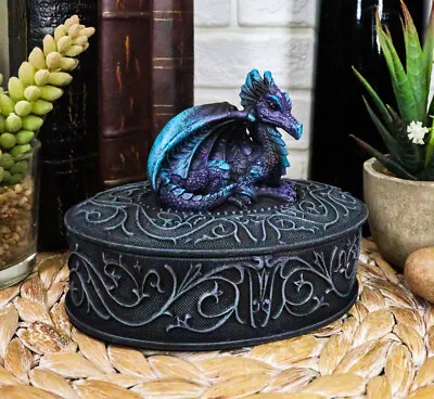 Fearsome Guardian Midnight Blue Dragon Oval Jewelry Trinket Box Figurine Statue • $26.99