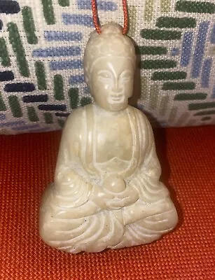 Ice White Jade Buddha Pendant Vintage Red Thread Carved Jadeite Amulet 51 Grams • $25