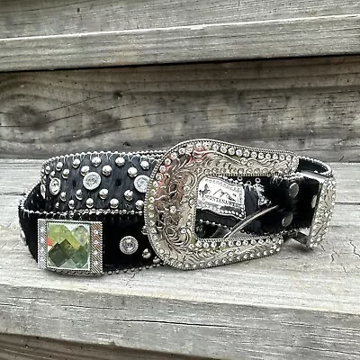 MONTANA WEST Belt Rabbit Fur Leather  Rhinestone Bling Studded Concho Sz 36 • $49