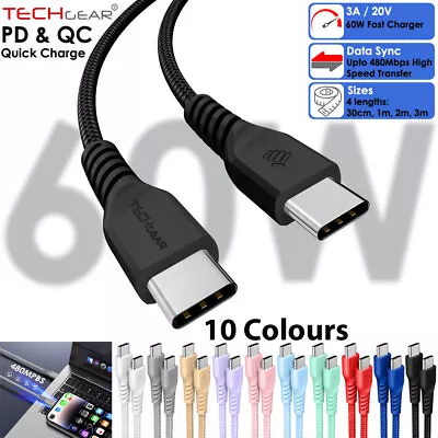 USB Type C To USB C Strong Braided Data & Fast Charger Charging Cable Power Lead • £2.95