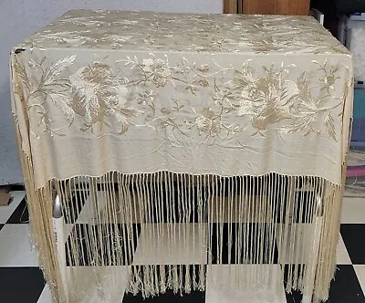 1930's Ivory Silk Large Piano Shawl W Long Fringe (Some Small Damaged Areas) • $102