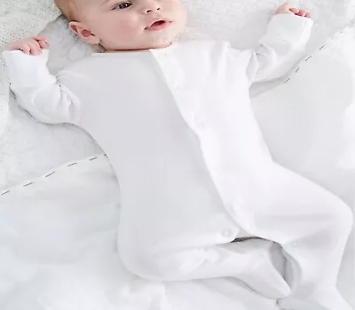 Full Plain Baby White Cotton Blend Sleepsuit Grow Soft Company Free Logo Sizes • £7.99