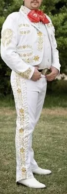 Men's 3Pc Customize White Cotton Embroidered Mariachi Suit Grooms Wedding Outfit • $888.33