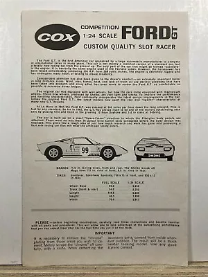 1965 1966 1967 1968 COX Competition 1:24 Ford Mustang GT Slot Car Racer Sheet • $8.48