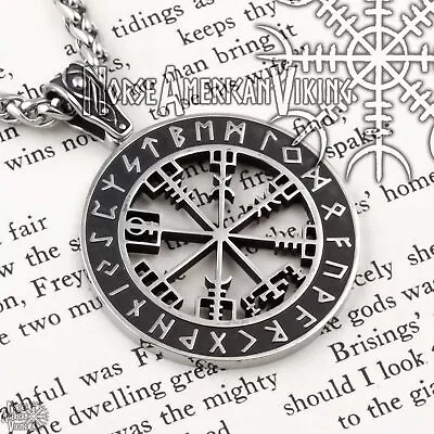 Viking Vegvisir Elder Futhark Rune Compass Stainless Steel Pendant Necklace • $24.99