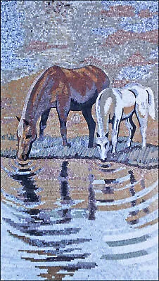 AN009 39.37 ×70.87  Horses Drinking Mural Marble Mosaic Art • $2179