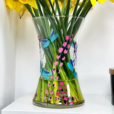 £20.99 • Buy Pink Blossom Dragonfly Vase Hand Painted Glass Summer Flower Garden Table Decor