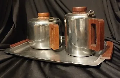 Vintage Metal Trio - Teapot Hot Water And Tray With Wooden Handles. Retro Style • £16.95