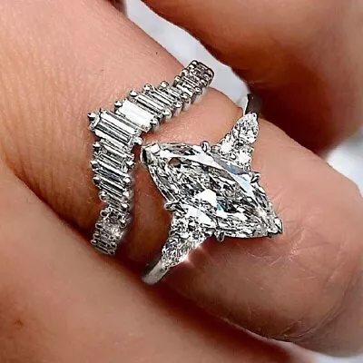 Bridal Engagement Rings Set 925 Sterling Silver 3 Ct Simulated Marquise Diamond • $171.21