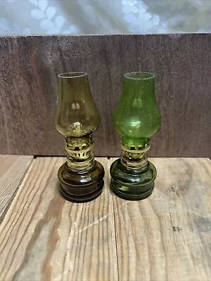 Mini Hurricane Glass Oil Lamps Set X2 Green & Amber Color 3 3/4” Tall Vintage • $16.99