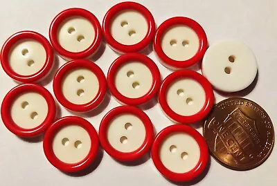 12 Shiny Rimmed Red White Plastic Sew-through 2-hole Buttons 9/16  14.6mm 10323 • $3.69