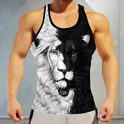 Men's Sleeveless Athletic Fitness Muscle Tank Top Lion Pattern Fashion T Shirt • $18.86