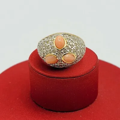 Vtg Sz 7 Ring Angel Skin Coral Rhinestones Jewelry 18K GE Gold Plate Signed • $49.99