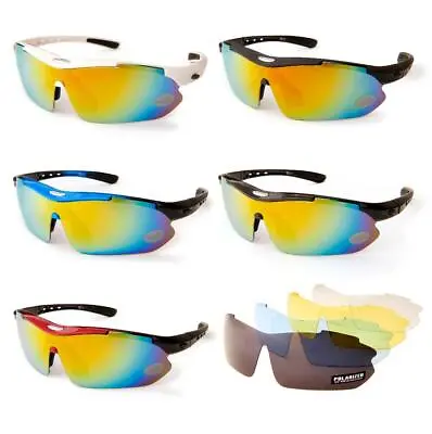 Mens Ladies Polarised Sports Sunglasses Cycling Ski Fish Sail 5 Lenses Full Kit • £17.95
