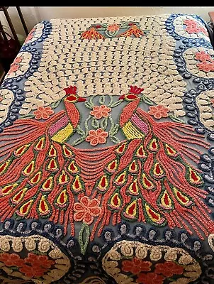 Vintage Double Peacock Chenille Bedspread Approx  88  X 100  ~EUC! • $260