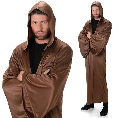 Adult Brown Hooded Robe Fancy Dress Costume Medieval Cloak Mens Outfit • £9.49