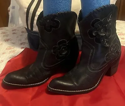 MIA Daisy Black Upper Leather Western Ankle Boots Flower Studs Block Heel 8M • $7