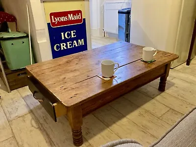 Rustic Aged Antique Style Country Pine Coffee Table (+ Drawer) - Worn/Character • £60