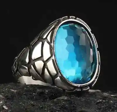 Blue Topaz Gemstone 925 Sterling Silver Ring For Men Turkish Handmade All Size • £42.17