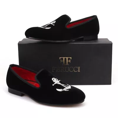 Handmade FERUCCI Men Black Velvet Slippers Loafers With Silver Anchor • $149.99