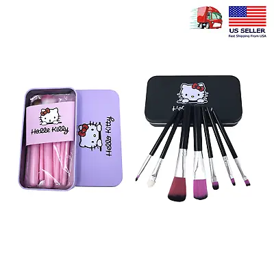 New 7PCS Hello Kitty Makeup Brushes Set W Metal Box Great Christmas Gift Black • $9.99