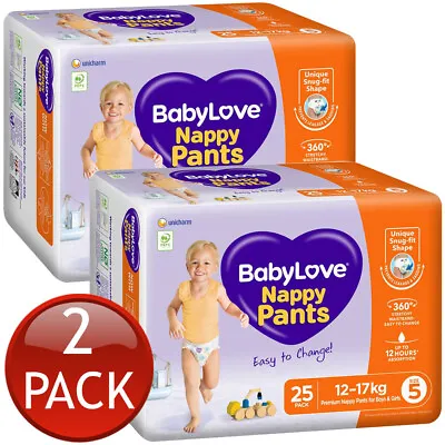 $161.87 • Buy 2 X Babylove Nappy Pants Size 5 Walker 12-17Kg Unisex Disposable Nappies 25 Pack
