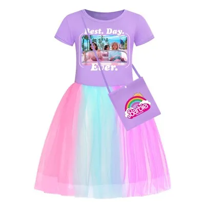 Kids Girls Barbie Rainbow Stars Tulle Princess Party Fancy Tutu Dress With Bag • £9.49