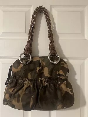 B Makowsky Caroline Camouflage Bronze Brown Tan Green Leather Shoulder Bag • $38