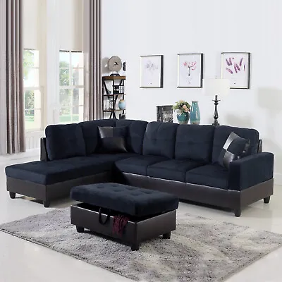 L-shape Flannel PVC Faux Leather 3-Piece Couch Living Room Sofa Set With Ottoman • $775