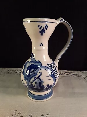 Vintage*HANDPAINTED*BLUE DELFT*MADE IN HOLLAND*WINDMILL PITCHER*6 TALL HANDLED • $20