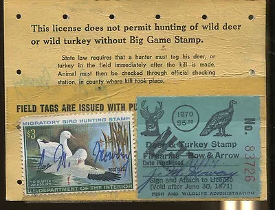 MARYLAND 1970 Non-Resident Hunting License/ RW37 Duck & Bow+Arrow Stamp - 166 • $30