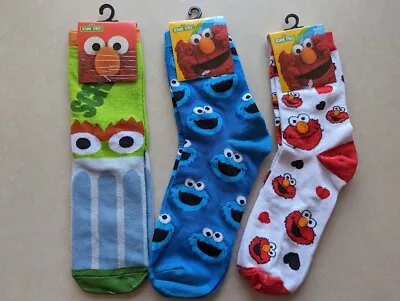 3 Pairs Sesame Street Casual Crew Socks Cookie Monster  Oscar Elmo W Size9-11 • $12.99