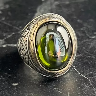 Men's Oval Green Peridot Gemstone Silver Ring Men Bright Green Stone Ring • £72.39