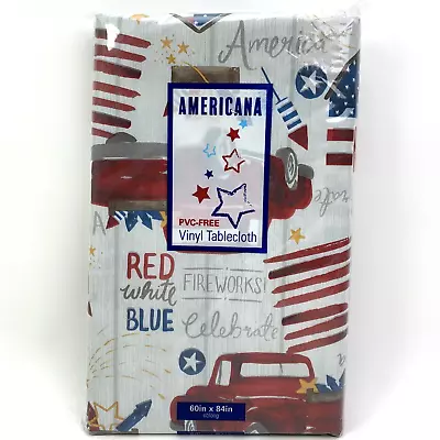 4th Of July Tablecloth Vinyl Flannel Back 60x84 Oblong Patriotic Country Car • $14.95