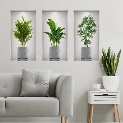 3PCS Potted Green Plant Wall Stickers Self Adhesive Decals Living Room Art Decor • £5.98