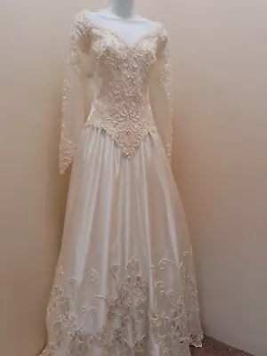 Vintage Wedding Dress Ivory Satin Size 10 Beaded Cathedral Train Long Sleeves • $199