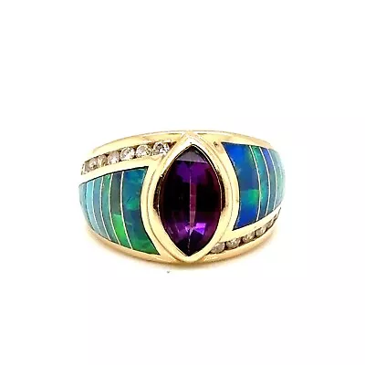 Kabana 14kt Yellow Gold Amethyst Diamond & Opal Inlay Ring Size 3.75 • $799